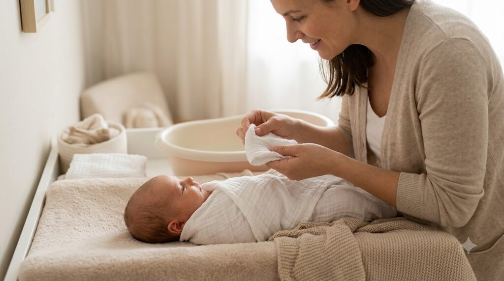 Minh họa nước sạch ấm, bông sạch và khăn mềm dùng để vệ sinh mặt trẻ sơ sinh