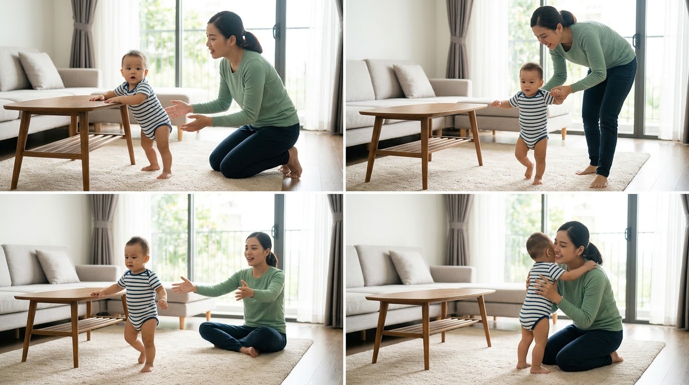Các hoạt động kéo người đứng lên, bước ngang theo điểm tựa và tự bước quãng ngắn