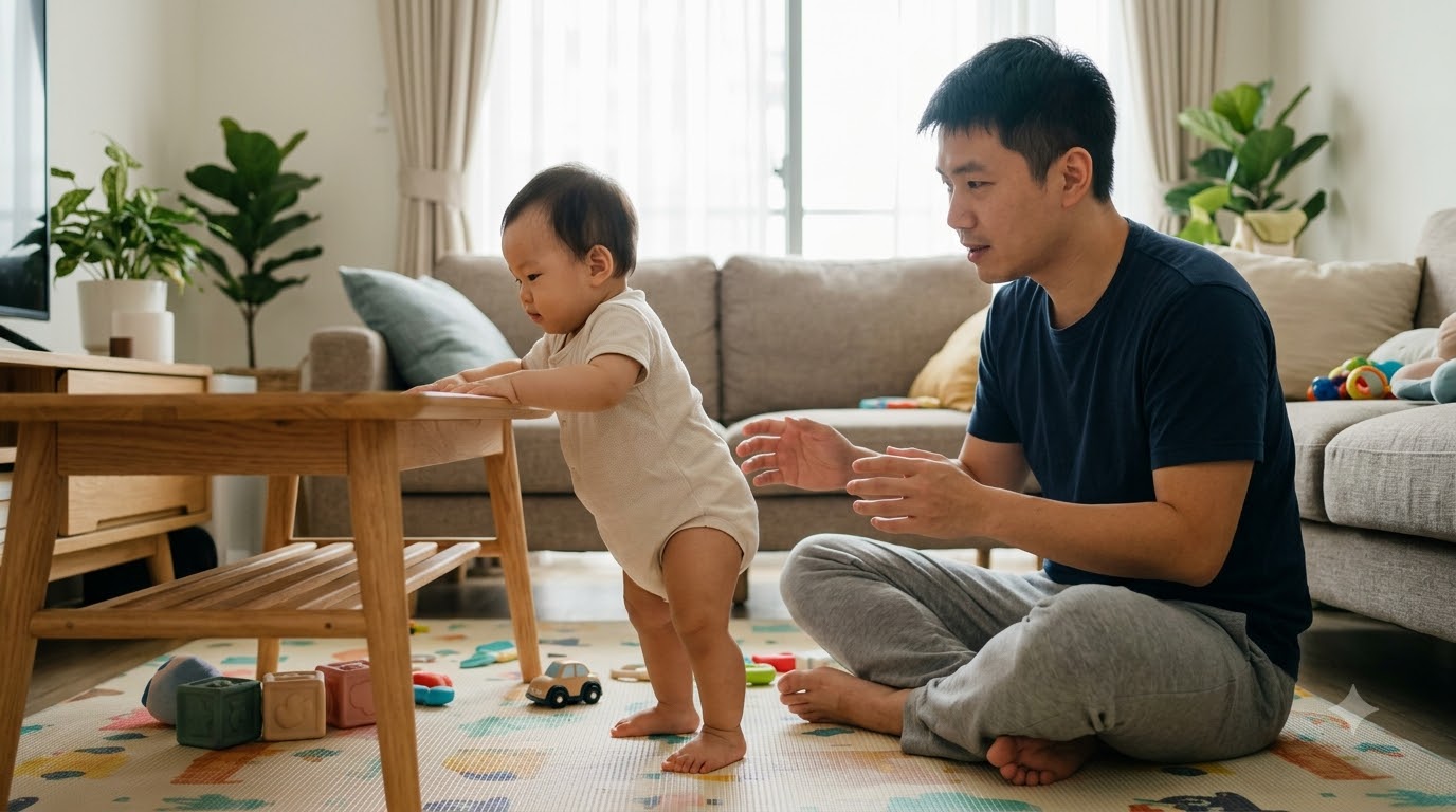 Cha mẹ theo sát khi bé thử tự bước và nghỉ khi không muốn tiếp tục