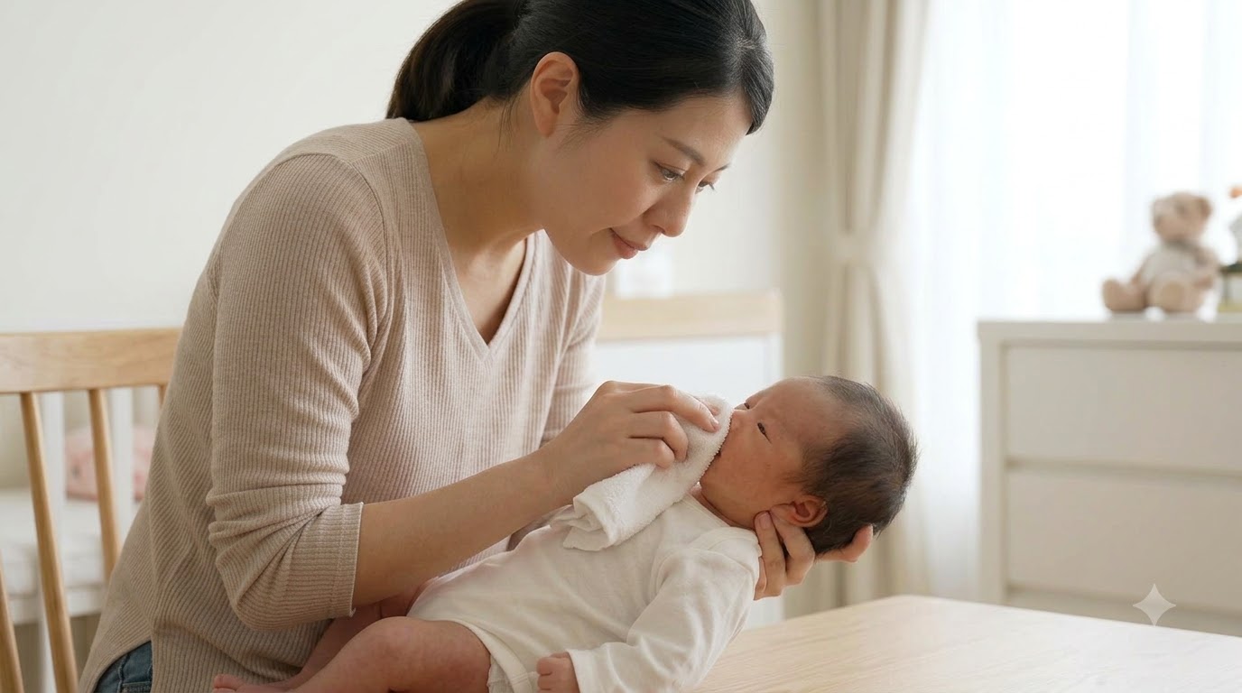 Vệ sinh mặt bé theo nhu cầu làm sạch Minh họa lau nhẹ sữa bám quanh miệng trẻ sơ sinh bằng khăn ẩm sạch