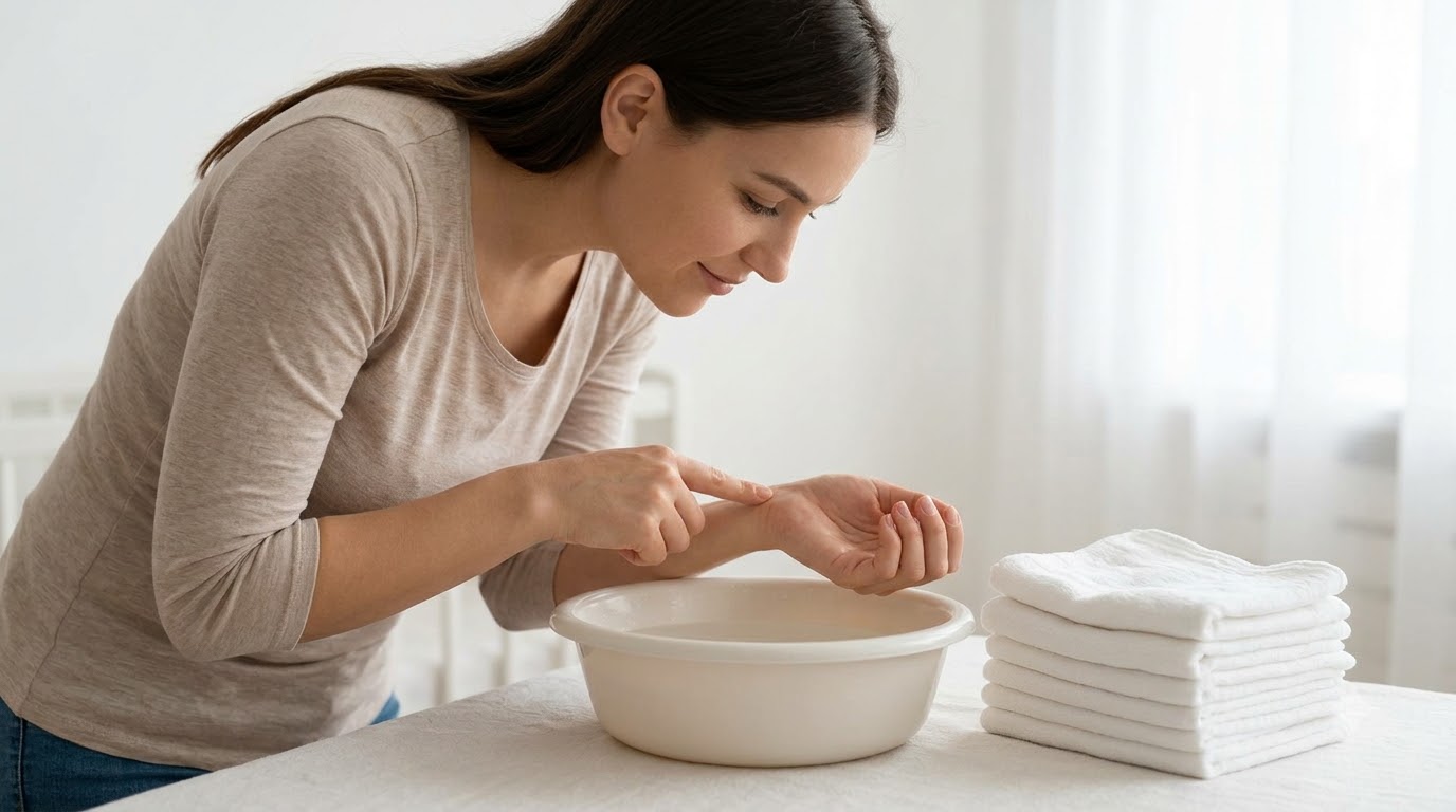 Lỗi thường gặp khi vệ sinh mặt trẻ sơ sinh Minh họa các lỗi dùng nước nóng, khăn quá ướt và dùng chung bông cho hai mắt khi lau mặt bé