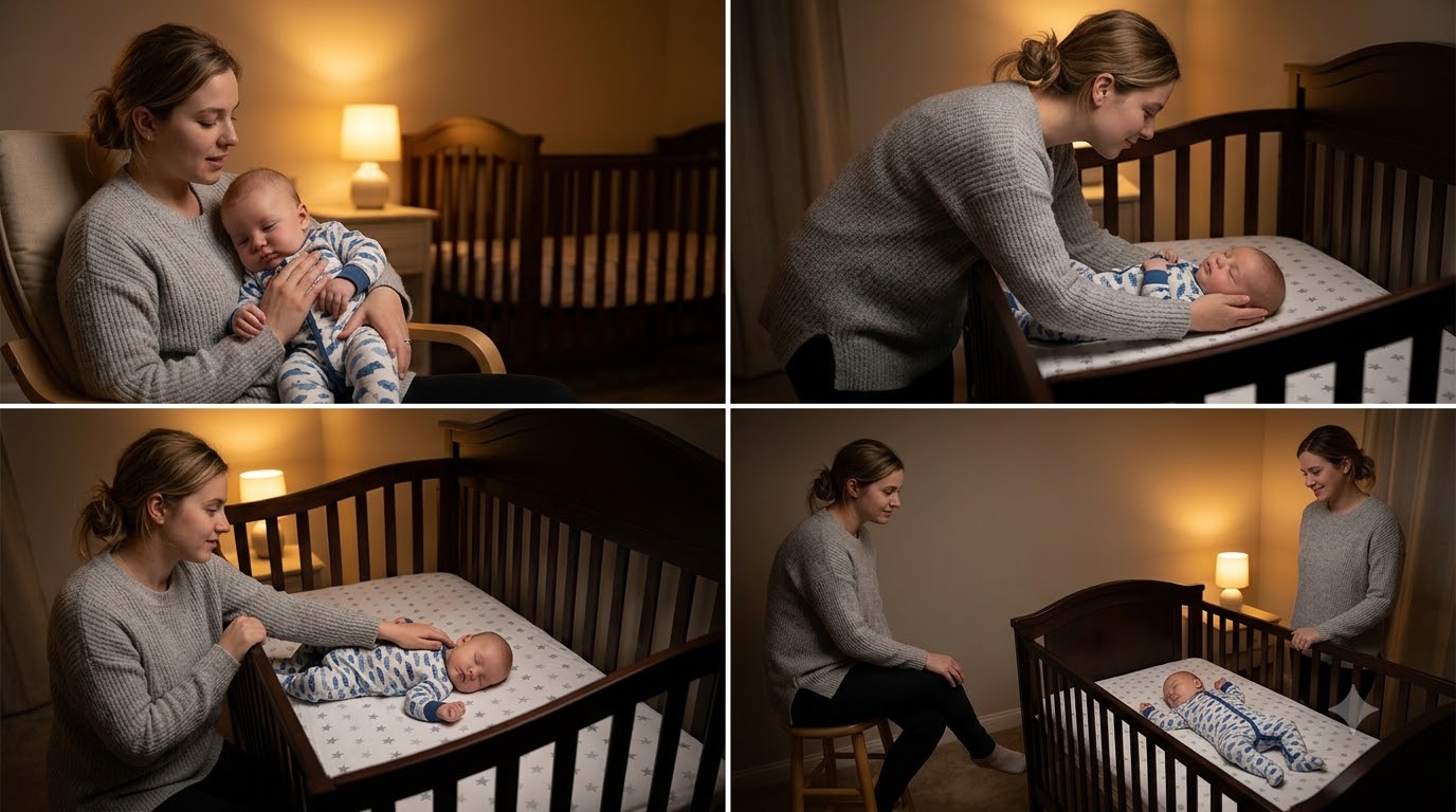 Sơ đồ các yếu tố liên quan đến giấc ngủ đêm của bé: nhu cầu bú, nhịp ngày–đêm, môi trường và khó chịu