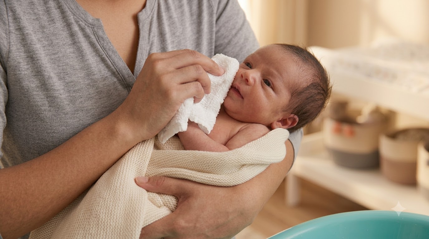Cách rửa mặt cho trẻ sơ sinh theo từng bước Minh họa cách rửa mặt cho trẻ sơ sinh bằng khăn mềm sạch và nước ấm